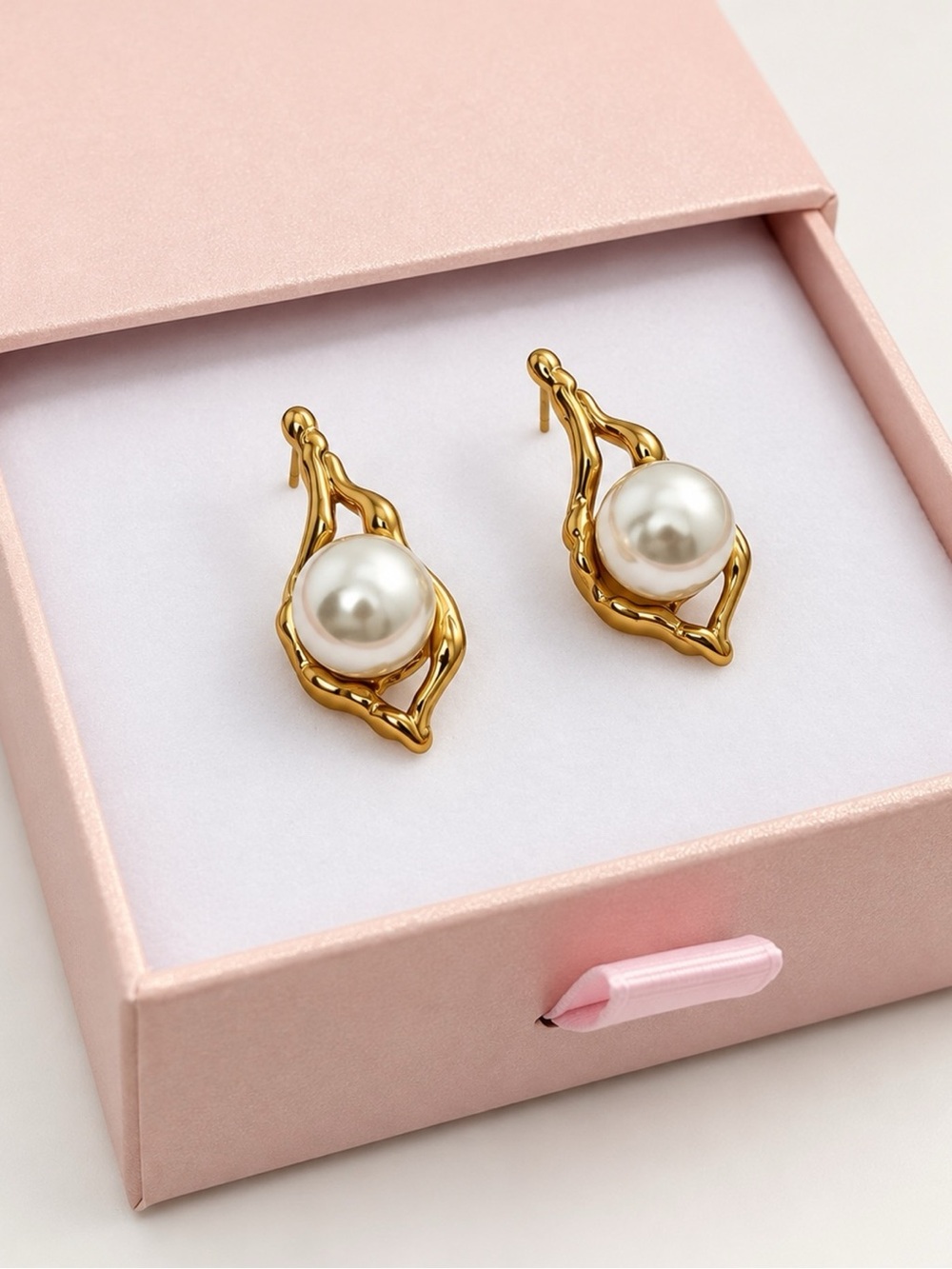 Gold Sculptural Pearl Art Deco Drop Earrings Hypoallergenic Stainless Steel